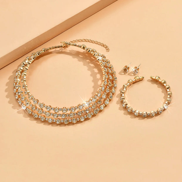 4-piece women's jewelry set with rhinestones, multi-layer collars, earrings, bracelets, wedding party accessories