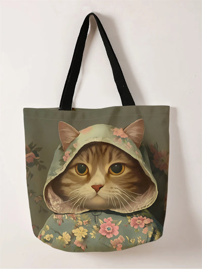 1pc,hoodie cat handbag, reusable fashionable handbag, multifunctional handbag, printed canvas shopping bag