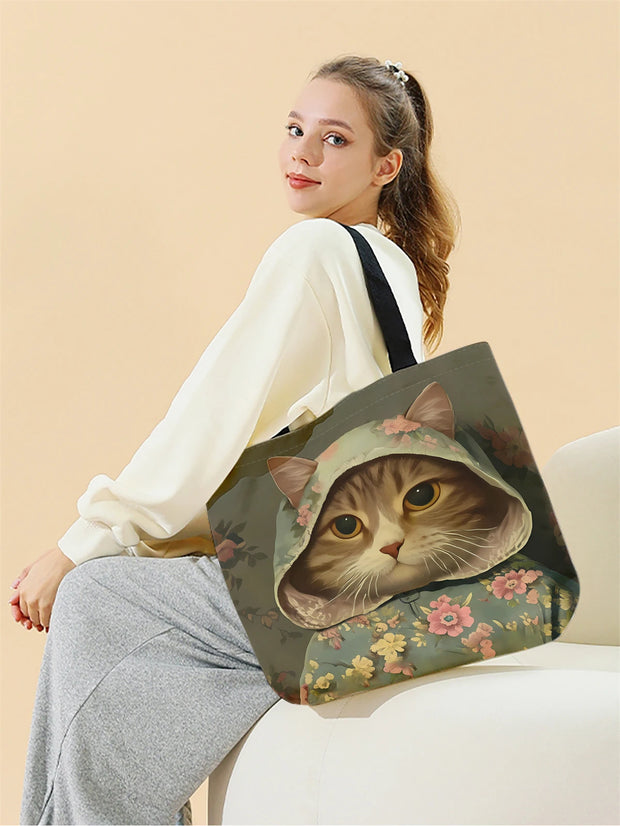 1pc,hoodie cat handbag, reusable fashionable handbag, multifunctional handbag, printed canvas shopping bag